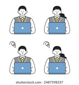 Male and female students in uniform using laptop computers Two sets of illustrations of positive and negative facial expressions