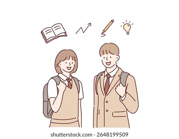 Male and Female Students in Uniforms Standing with Study Motivation. Hand drawn style vector design illustrations.