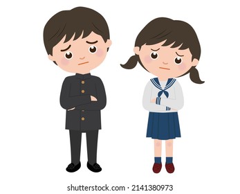 Male and female students in uniforms in troubled poses