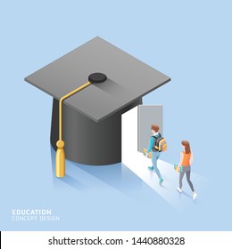 Male and female students walk to the door of the Square academic cap. Vector isometric illustration.