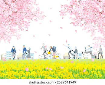 Male and female students walking along a bank with cherry blossom trees and blooming rape blossoms - full body - graduation - people vector illustration white background material