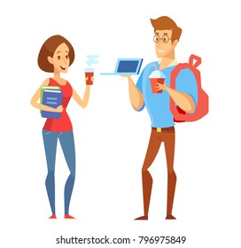 Male and female students. Young People talking to each other. Discussion, exchange of ideas. Vector set of characters. Illustration in a flat style isolated on white.