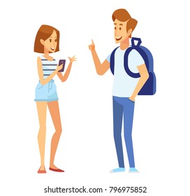Male and female students. Young People talking to each other. Discussion, exchange of ideas. Vector set of characters. Illustration in a flat style isolated on white.