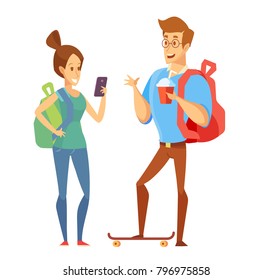 Male and female students. Young People talking to each other. Discussion, exchange of ideas. Vector set of characters. Illustration in a flat style isolated on white.