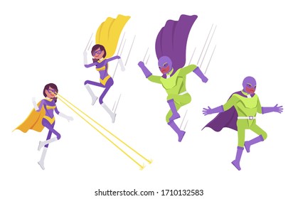 Male and female super hero in attacks or defense pose. People with superhuman powers, heroic strong brave warriors with great extraordinary abilities. Vector flat style cartoon illustration