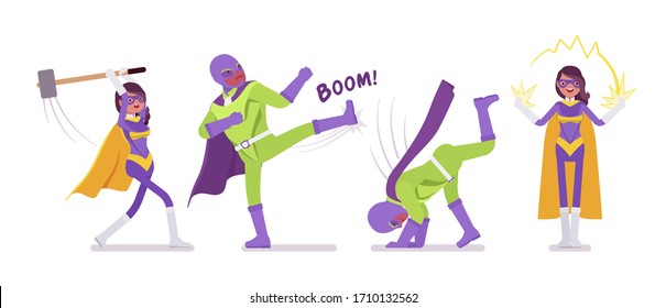 Male and female super hero in bright costume, superior great poses. Powerful strong brave warriors, superpower people having great extraordinary abilities. Vector flat style cartoon illustration