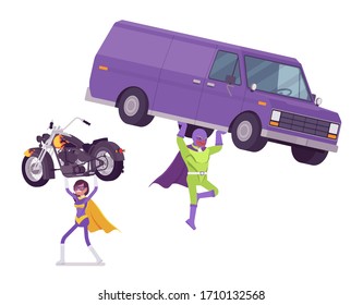 Male, female super hero in bright costume carrying bike, van. Heroic strong brave warriors, superpower people having super powers, great extraordinary abilities. Vector flat style cartoon illustration