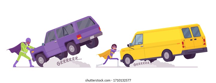 Male and female super hero in bright costume pulling heavy van. Attractive strong brave warriors, superpower people having powers, great extraordinary abilities. Vector flat style cartoon illustration