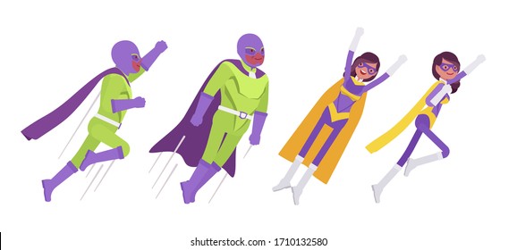 Male, female super hero in bright costume, flying attack poses. Attractive strong brave warriors, superpower people having powers, great extraordinary abilities. Vector flat style cartoon illustration