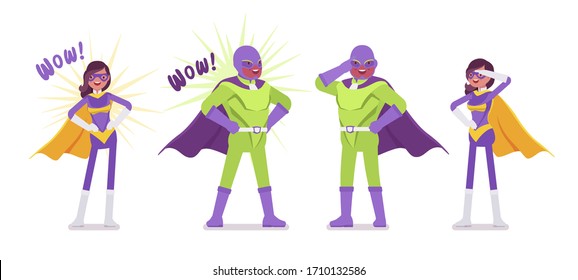 Male, female super hero in bright costume posing. Attractive heroic strong brave warriors, superpower people having super powers, great extraordinary abilities. Vector flat style cartoon illustration