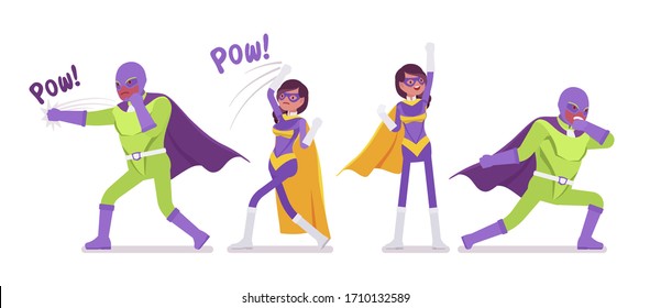 Male, female super hero in bright costume posing to attack. Heroic strong brave warriors, superpower people having super powers, great extraordinary abilities. Vector flat style cartoon illustration