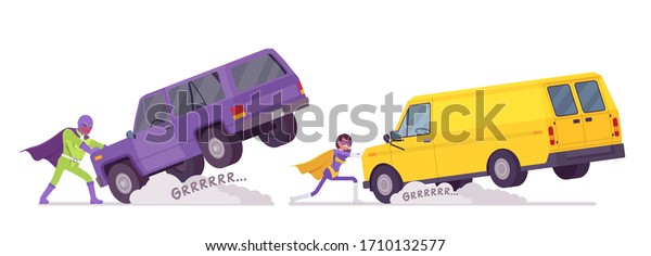 Male and female super hero in bright costume\
pulling heavy van. Attractive strong brave warriors, superpower\
people having powers, great extraordinary abilities. Vector flat\
style cartoon\
illustration