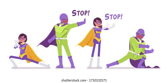 Male, female super hero in costume, fight and stop pose. Attractive heroic strong brave warriors, superpower people having super powers, extraordinary abilities. Vector flat style cartoon illustration