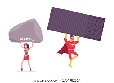 Male, Female Super Hero Wearing Red Costume, Carrying Big Heavy Things. Effective Man, Woman Warrior With Superpower Combat, Battle Skills, Heroic Brave People. Vector Flat Style Cartoon Illustration