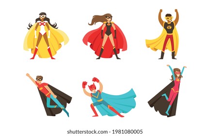 Male and Female Superhero Characters in Mask and Fluttering Cloak Rushing to the Rescue Vector Set