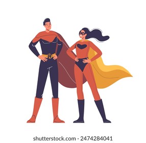 Male And Female Superhero Characters Stand Confidently In Their Costumes, Embodying Strength, Teamwork, And Empowerment