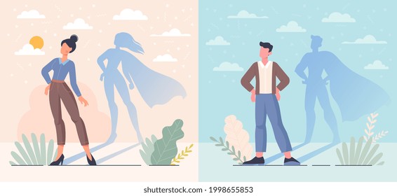 Male and female Superheroes as strong leaders or parenting concept. Man, woman with hero capes in shadow reflections. People with courage, confidence, ambition, power. Flat cartoon vector illustration