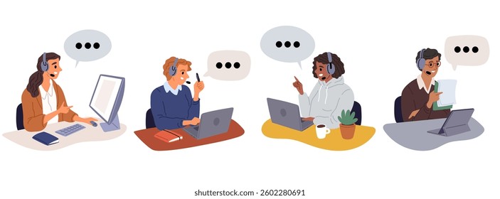 Male and female support workers negotiate with customers. Mobile helpdesk chat. Buyers assistance. Hotline employees talking with clients. Operators at computers. Vector