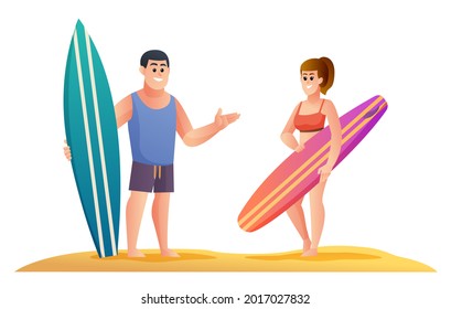 Male and female surfer characters. Couple surfer on summer vacation concept