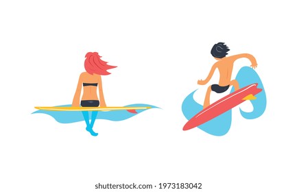 Male and Female Surfer Riding Moving Wave of Water Standing on Surfboard Vector Set