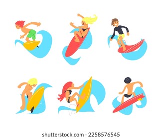 Male and Female Surfer Riding Moving Wave of Water Standing on Surfboard Vector Set