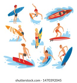 Male and Female Surfers Characters Riding Waves Set, Recreational Beach Water Sport, People Enjoying Summer Vacation Vector Illustration