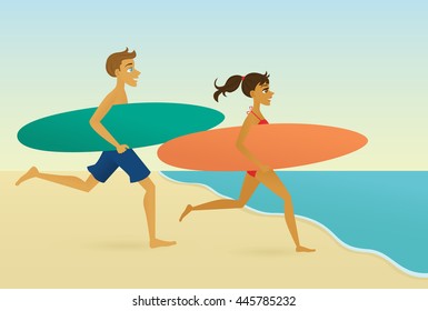 Male and female surfers holding surfboards and running toward the ocean