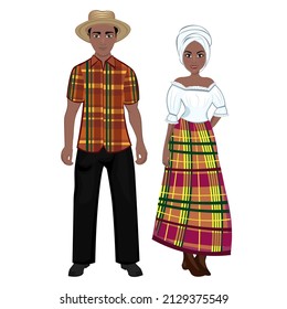 Male and female Surinamese folk costume. Vector illustration