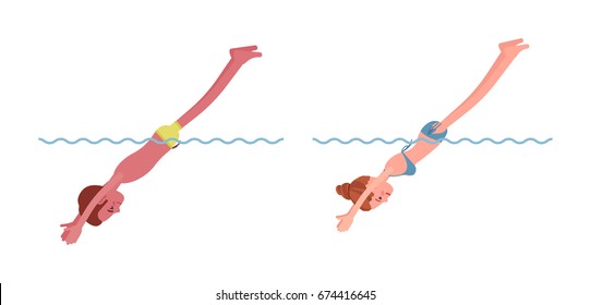 Male and female swimmer completing the jump into water, , classic pool and sea swimming summer sport activity, lessons for safe fun. Vector flat style cartoon illustration, isolated, white background