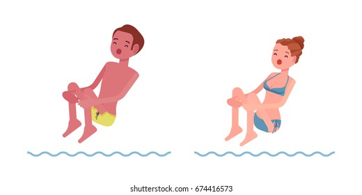 Male And Female Swimmer Jumping Into Water, Cannon Ball, Classic Pool And Sea Swimming Summer Sport Activity, Lessons For Safe Fun. Vector Flat Style Cartoon Illustration, Isolated, White Background