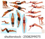 Male And Female Swimmers In Different Swimming And Diving Poses. Cartoon Vector Illustration Highlights The Athleticism, Skill And Precision Of Swimmers As They Perform Various Strokes And Dives