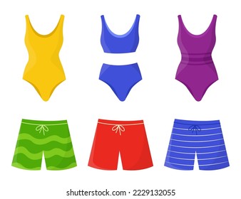Male and female swimsuits vector illustrations set. Colourful women bathing suits and men shorts on white background. .Holiday, summer, swimming concept.