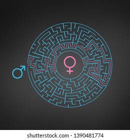 Male Female symbol and Circle Labyrinth maze. Find the way in the heart. Find your love. Happy Valentine's day card. Vector illustration.