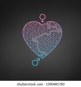 Male Female symbol and Heart Labyrinth maze. Find the way in the heart. Find your love. Happy Valentine's day card. Vector illustration.