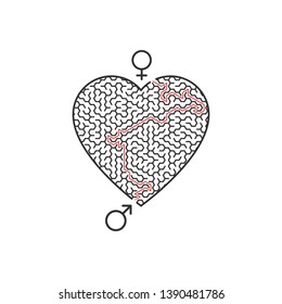 Male Female symbol and Heart Labyrinth maze. Find the way in the heart. Find your love. Happy Valentine's day card. Vector illustration.