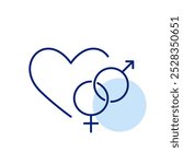 Male and female symbol intertwined and heart. Dating app, romantic relationships and marriage. Pixel perfect vector icon