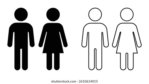 Male and female symbol. Vector icons showing male and female symbols in solid and outline styles. Useful for restroom signs, public signage, gender representation, UI design, and infographics.