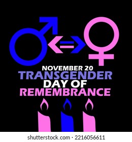 Male and female symbols with bold text and candles on black background to commemorate Transgender Day of Remembrance on November 20
