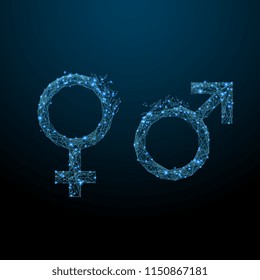 Male and female symbols low poly wireframe. Vector polygonal image in the form of a starry sky or space, consisting of points, lines, and shapes in the form of stars with destruct shapes. Male and female symbols low poly wireframe. Vector polygonal image in the form of a starry sky or space, consisting of points, lines, and shapes in the form of stars with destruct shapes.