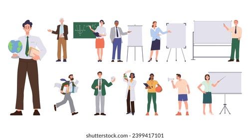 Male and female teacher characters isolated set teaching different school lesson and subject