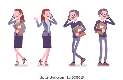 Male and female teacher standing. School, universirty or college worker phone talking. Professional education and learning concept. Vector flat style cartoon illustration isolated on white background