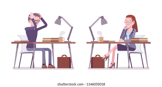 Male and female teacher working in despair at the desk. School, universirty or college tired worker. Professional education. Vector flat style cartoon illustration isolated on white background