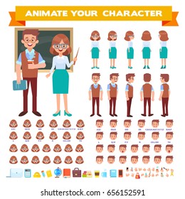 Male and Female teachers characters creation set. Front, side, back view characters constructor. Emotions, gestures isolated on white background. Build your own design. Cartoon flat style illustration.