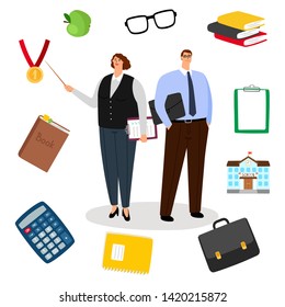 Male and female teachers and education icons vector illustration
