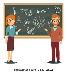 Male and female teachers standing in front of blank school blackboard vector illustration. School teacher and chalkboard, profession teaching