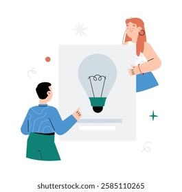Male And Female Team Discussing Lightbulb Idea In Flat Vector Illustration Symbolizing Creativity, Brainstorming, Teamwork, And Innovation, Isolated On White Background.