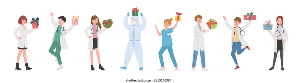 Male and female team of paramedic or doctor or scientist or medical specialist with gift box, surprise for christmas or new year or wedding or birthday, vector cartoon style