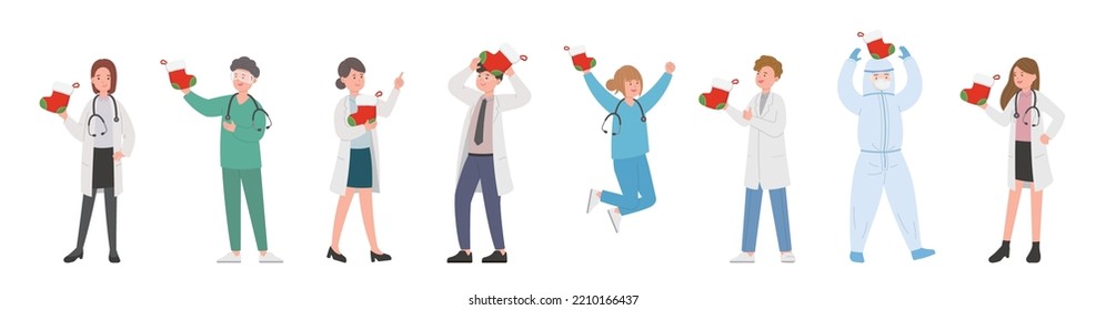 Male and female team of paramedics or doctors or scientists or medical specialists with christmas stockings, celebrating christmas, vector cartoon style