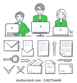Male and female teamwork and isolated icons vector. Correspondence and message, magnifying glass, envelopes and pages with pen. Call center service