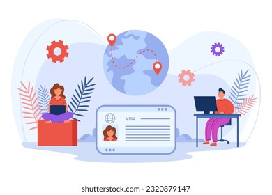 Male and female tech workers getting visa vector illustration. Document for international employees, planet with location pins, visa application for work. Visa, traveling, career concept